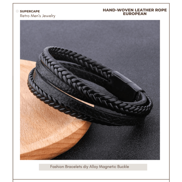 Retro Bracelet woven Leather - Black with Black Buckle